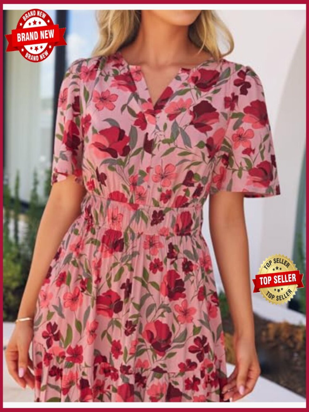Women's Short Sleeve V Neck Floral Maxi Dress Boho Beach Vacation A-Line - Picture 5 of 7